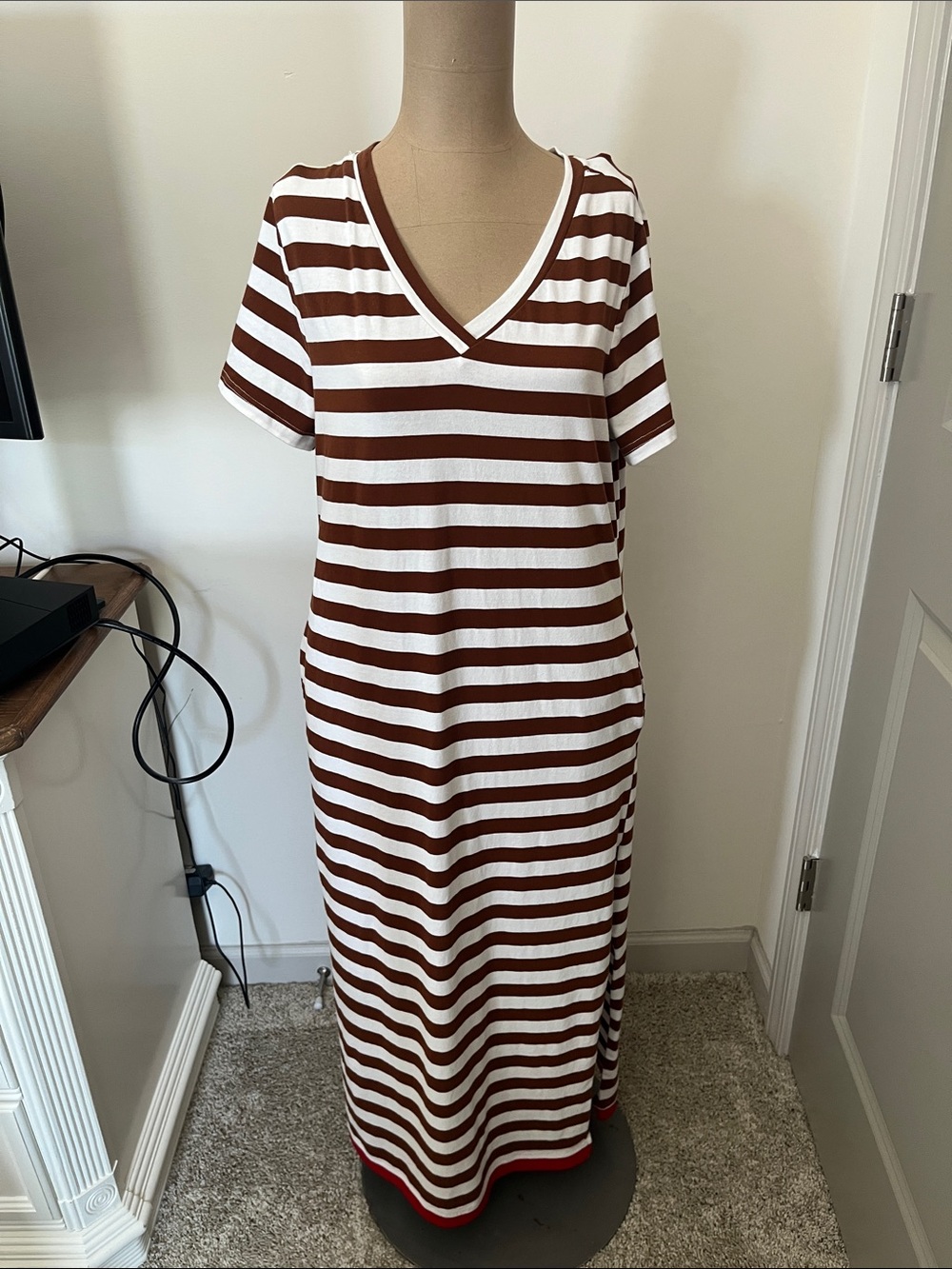 Casual V-Neck Maxi Dress in Brown and White Stripes